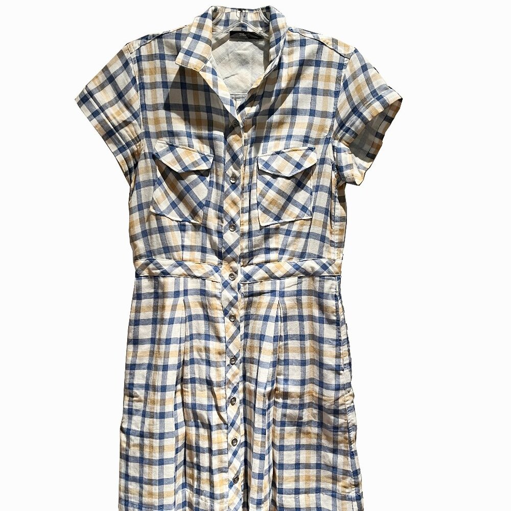 THML blue gold plaid cotton linen button up cap sleeve A-line dress small